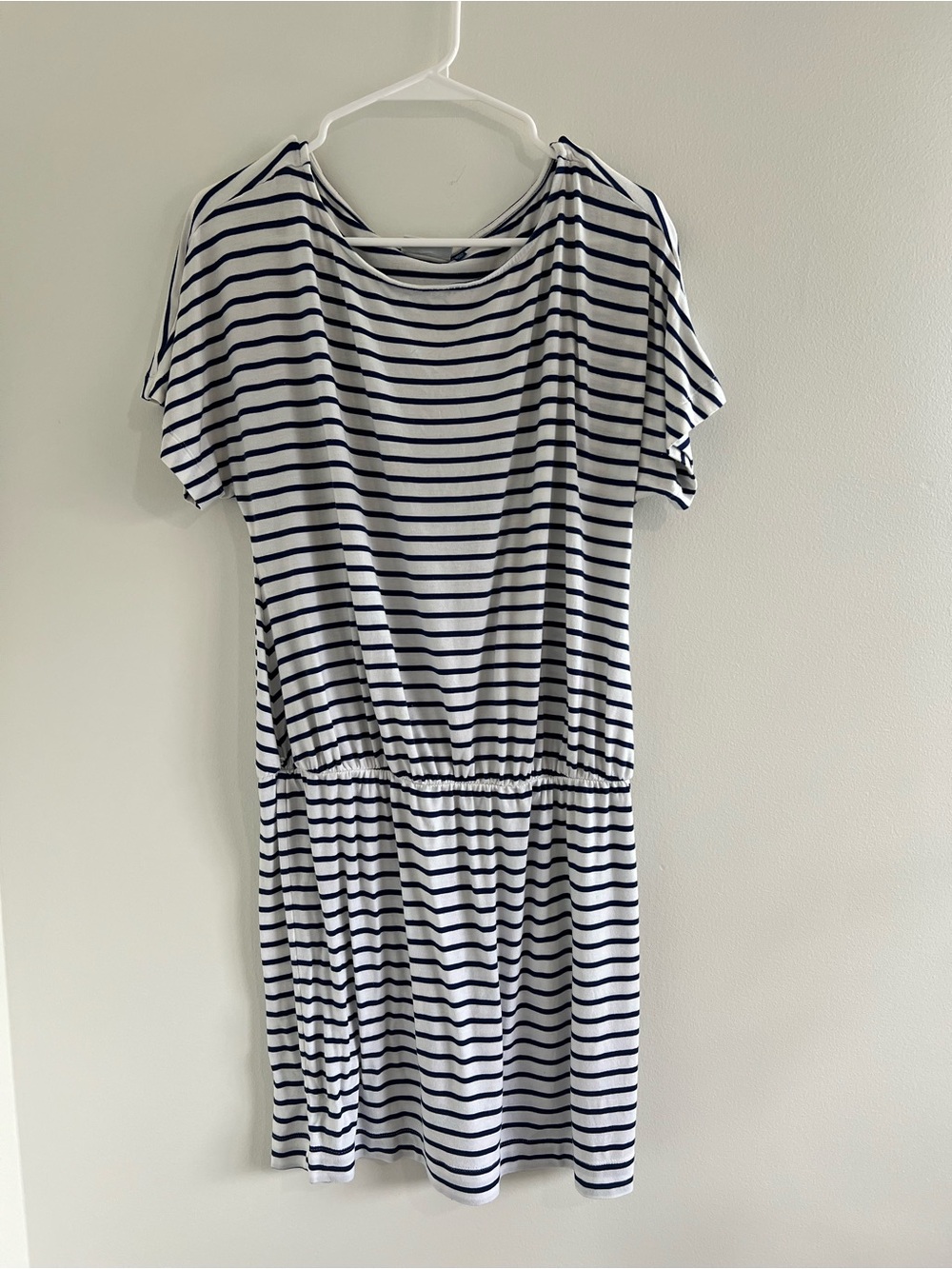 Cabana Life White & Navy Striped Short-Sleeve Elastic Waist Dress/Beach Cover up